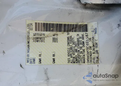 2014 Nissan Maxima S z USA, uszkodzony, nr VIN 1N4AA5AP7EC461587